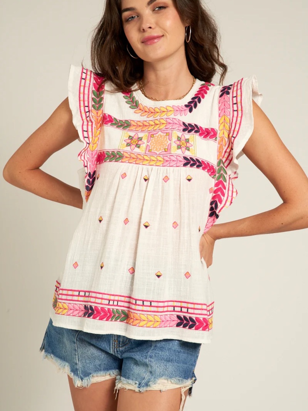 Anthropologie En Creme Ruffle Sleeve Embroidered Shirt Size small